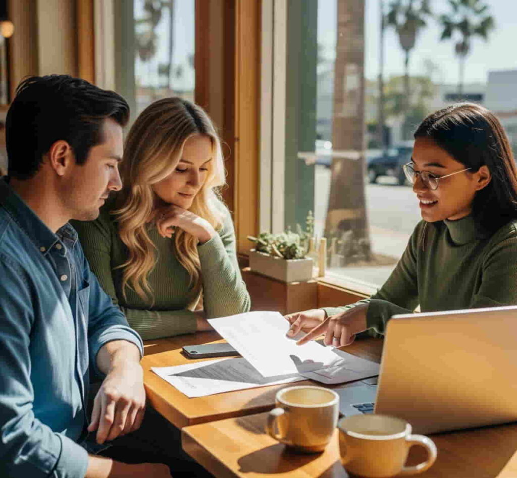 A couple sits with a wedding vendor at a café, reviewing a contract over coffee.